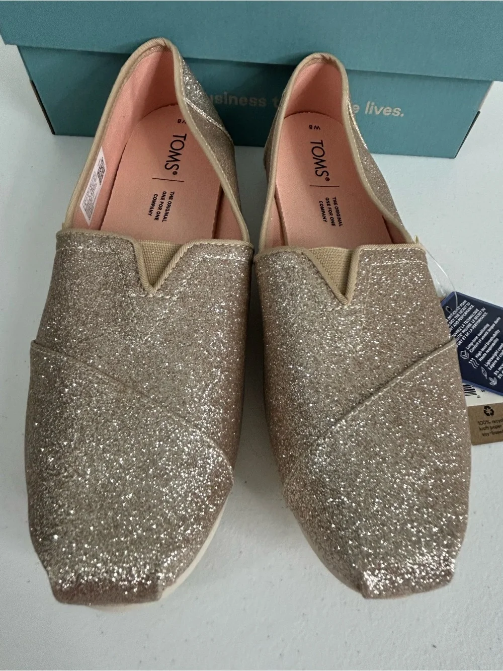 Toms Alpargata Champagne Glitter Shoes Size 8 NIB